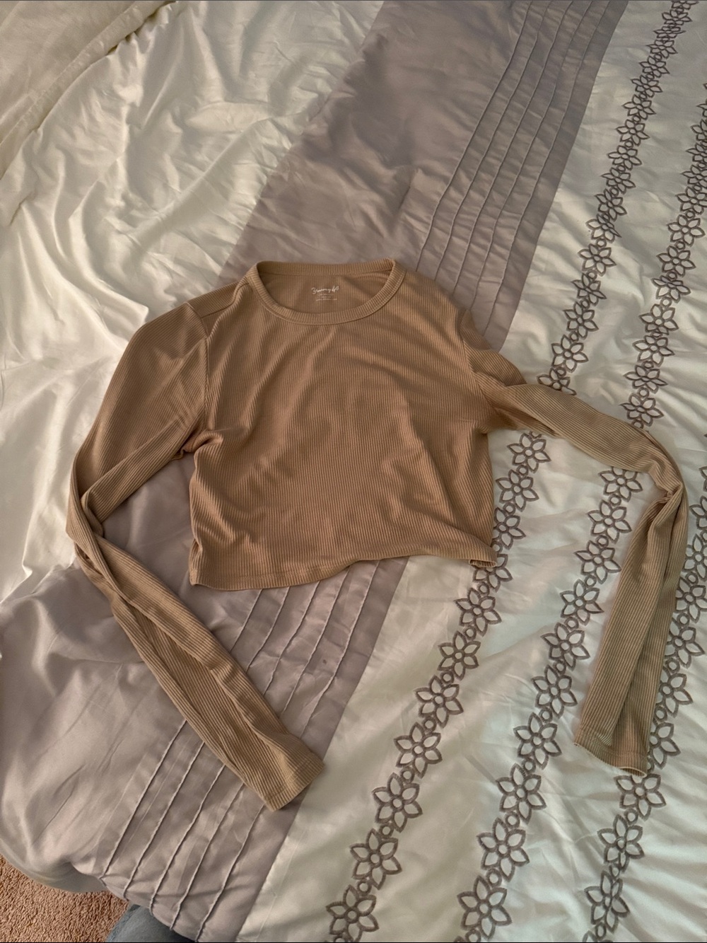 YoungLa Ribbed Long-Sleeve Crop Top - Beige